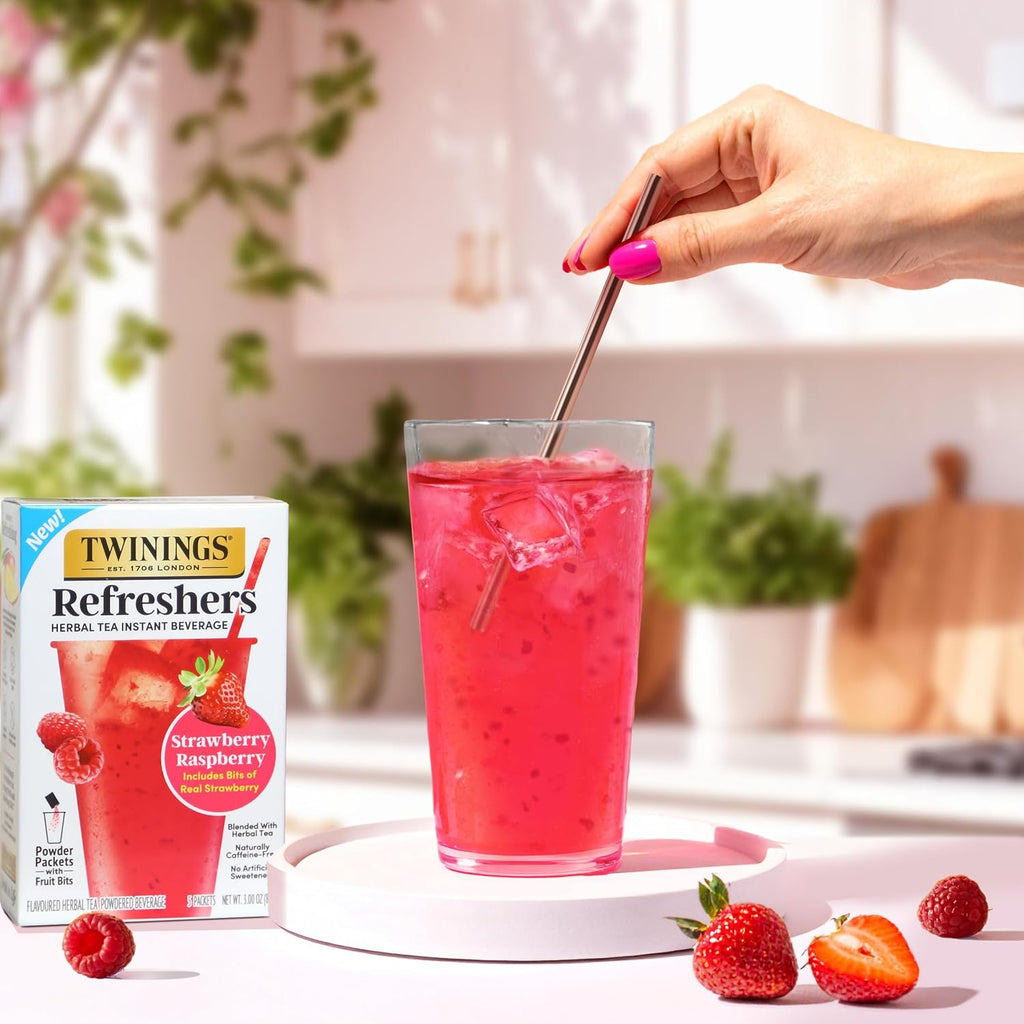 Twinings Herbal Tea Refreshers - Strawberry Raspberry Flavor with Real Fruit Bits | Caffeine-Free, 5 Pack