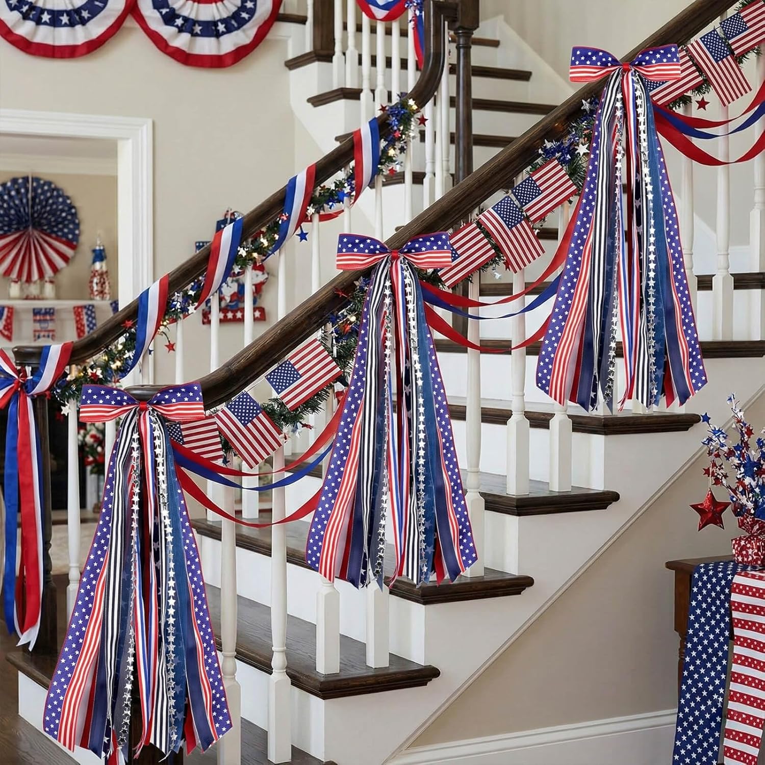 YKW Patriotic Wreath Sash - 27.5" Red, White & Blue Ribbon Bundle with Star Charm for 4th of July Decor