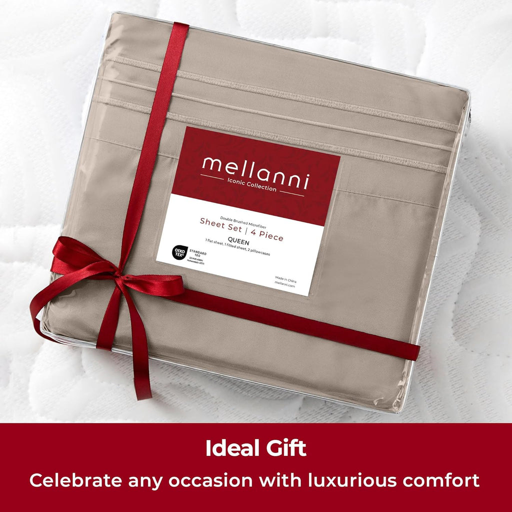 Mellanni Extra Deep California King Sheets - Hotel Luxury, Ultra Soft & Cooling - 4 PC Tan Set