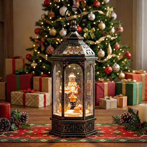 12.8'' Christmas Gingerbread Nutcracker Snow Globe Lantern, Lighted Animated Rotating Train with Musics Swirling Glitter Water Lantern Decoration for Home