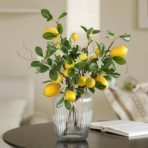 Laelfe Artificial Lemons Branches - 8 Head Faux Lemon Stems for Kitchen & Farmhouse Decor | Bright Yellow