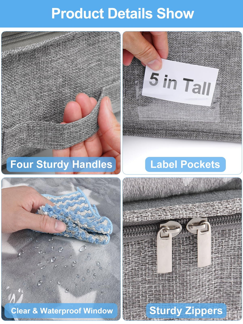 punemi 5 Inches High Low Profile Under Bed Storage Containers，No-Structure,Soft Fabric Zippered Underbed Storage bins for Clothes and Blankets— Fits Under Crib, Couch or Dorm bed,2-Pack,Grey