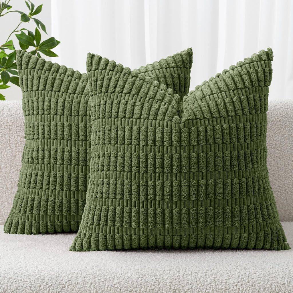 MIULEE Decorative Throw Pillow Covers - Soft Boho Striped Corduroy | Pack of 2, 18x18 Inch, Moss Green for Modern Farmhouse Decor