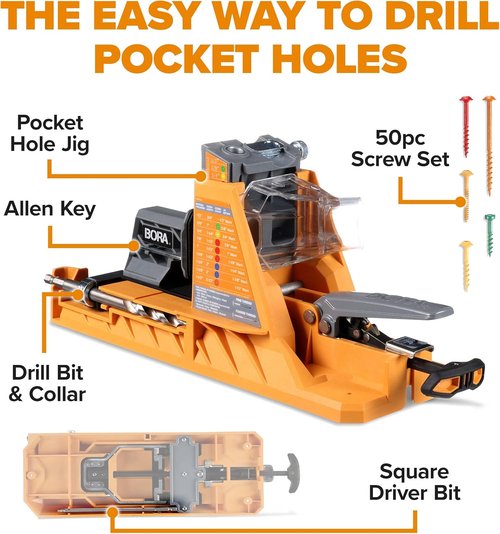 BORA Automatic Pocket Hole Jig Kit - Auto Adjusting Drill Guide with 50 Color-Coated Screws | For 1/2" to 1 1/2" Thick Materials