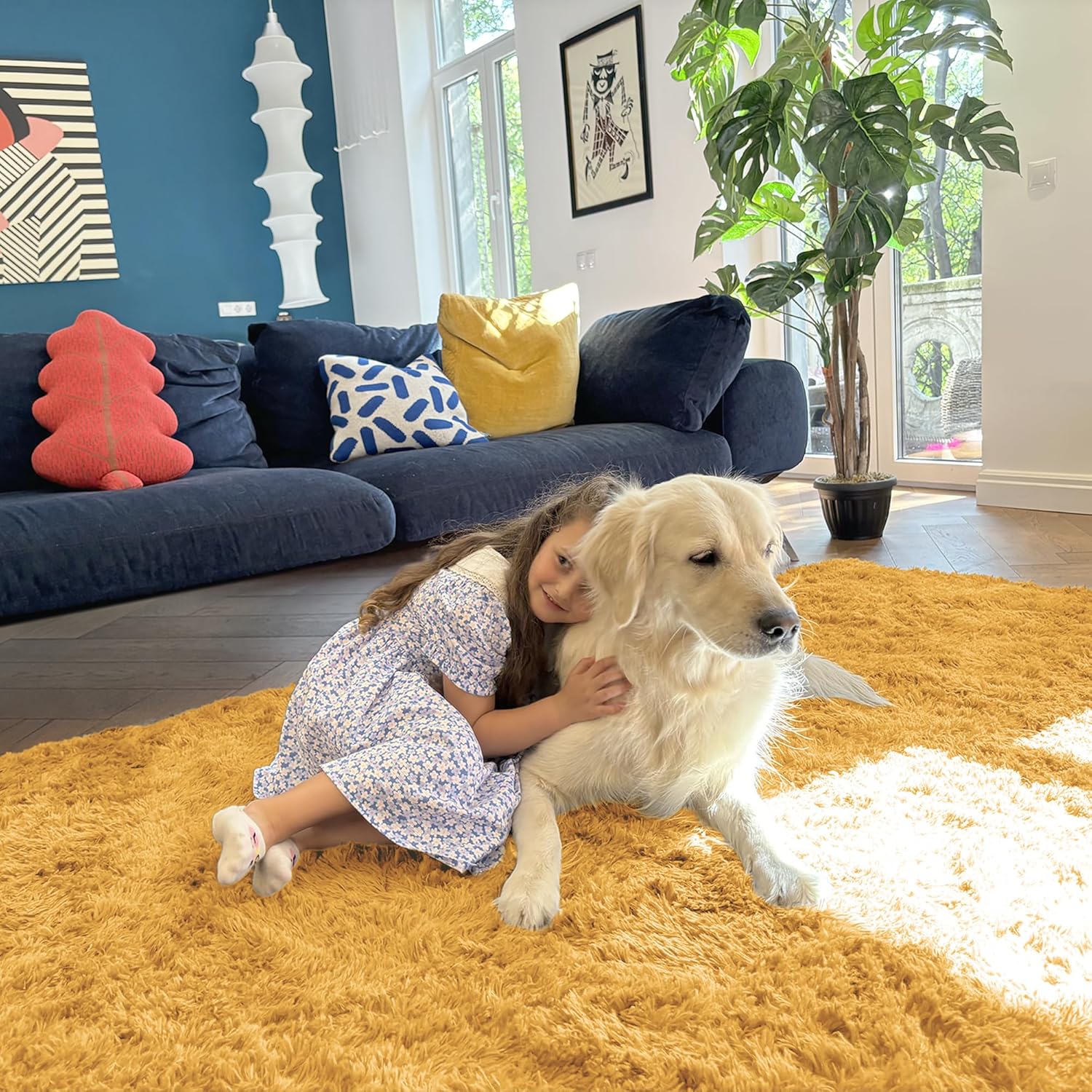OLANLY 5x7 Large Area Rug - Soft Fluffy Shaggy Carpet for Living Room & Bedroom | Mustard Yellow