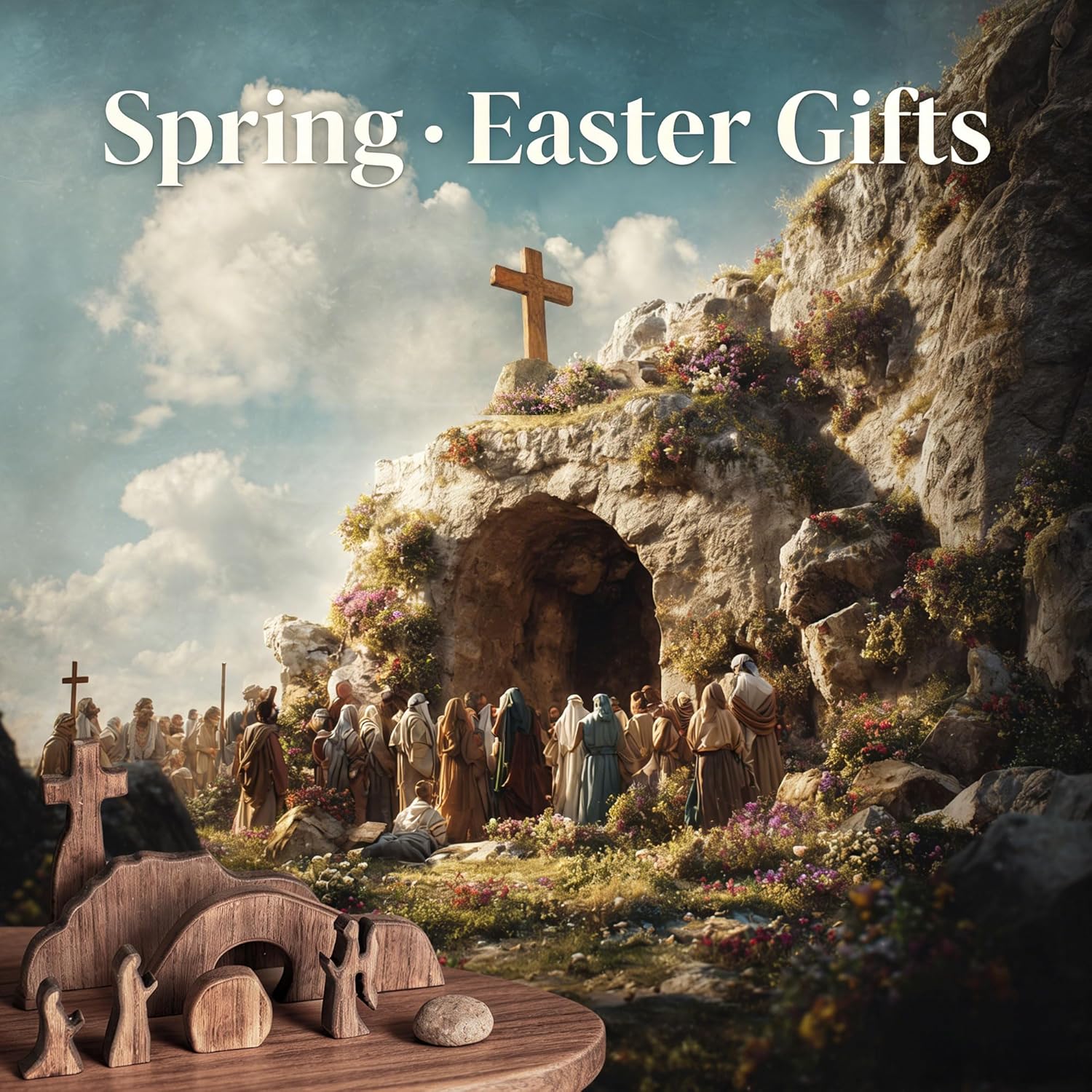 Nerosun Easter Scene Decoration - Wooden Jesus Resurrection Nativity Set | Christian Tabletop Decor