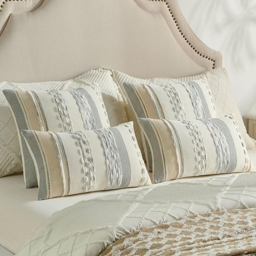FUTEI Grey Blue White Decorative Throw Pillow Covers 18x18 Inch Set of 2, Soft Tufted Striped Textured Accent Cushion Case,Boho Pillows for Couch Decor