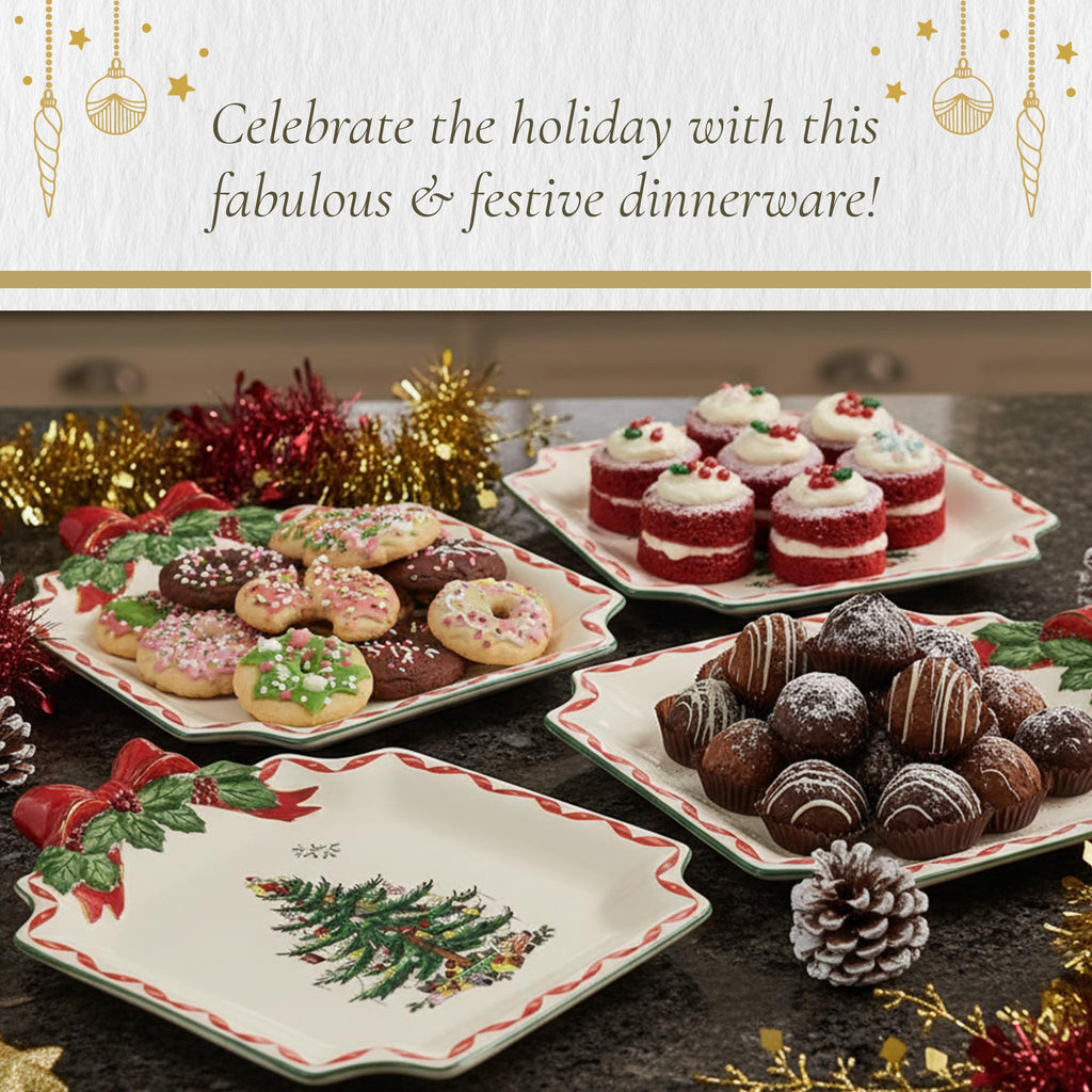 Spode Christmas Tree Ribbons Square Platter with Bow Handles - 11-Inch Holiday Serving Plate for Desserts, Appetizers, & Treats - Festive Christmas Dinnerware with Gold Accents - Dishwasher Safe