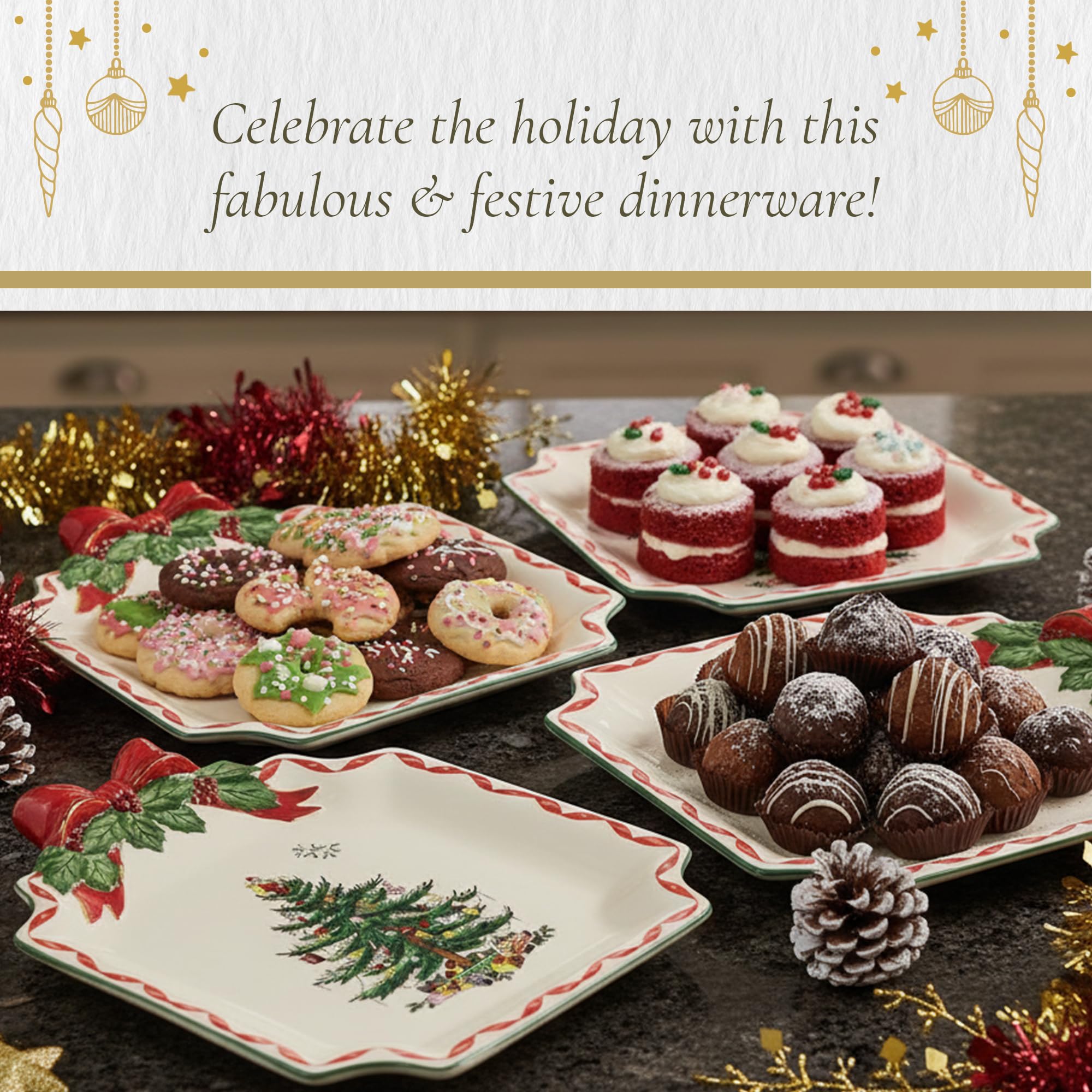 Spode Christmas Tree Ribbons Square Platter with Bow Handles - 11-Inch Holiday Serving Plate for Desserts, Appetizers, & Treats - Festive Christmas Dinnerware with Gold Accents - Dishwasher Safe