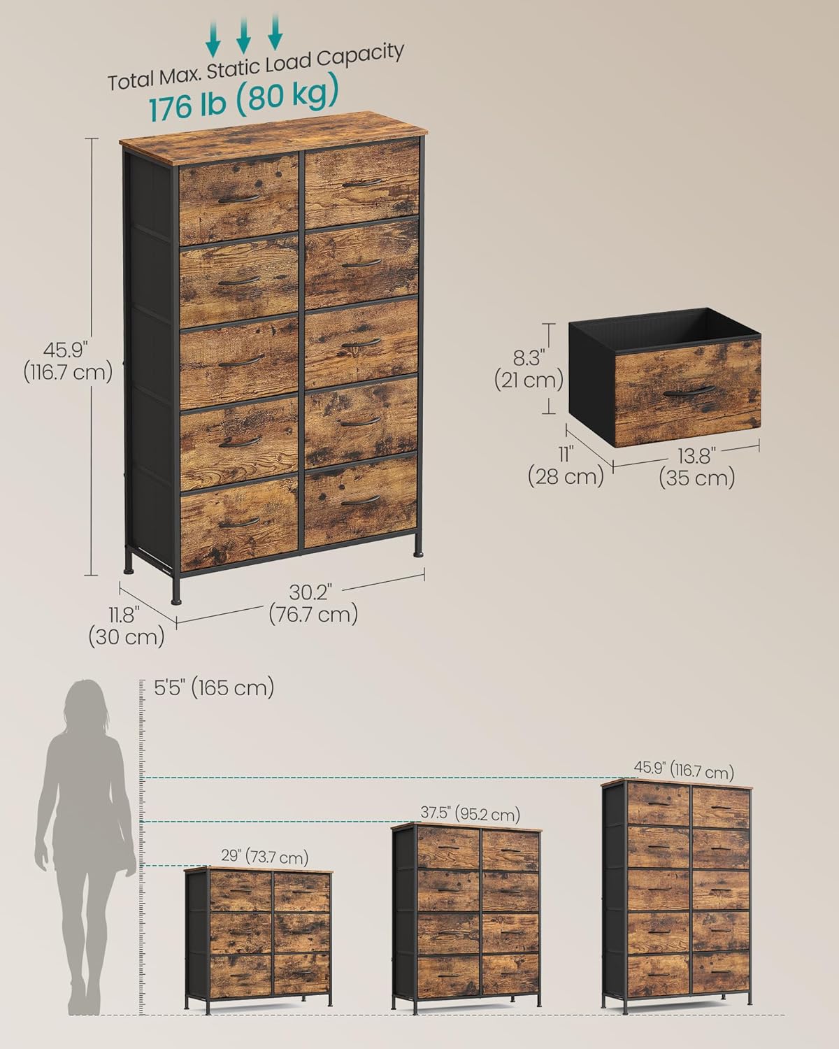 SONGMICS Dresser - 10-Drawer Storage Organizer Unit for Bedroom | Rustic Brown & Ink Black Finish