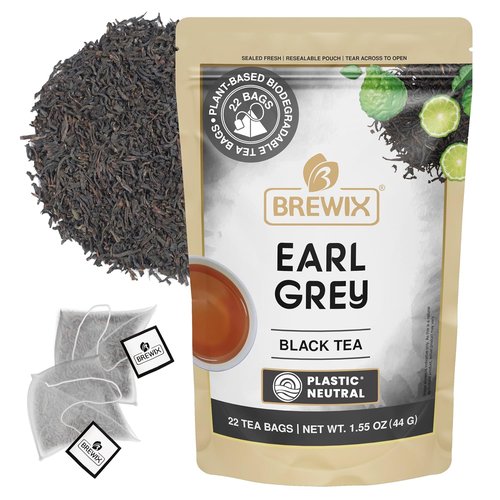 BREWIX Earl Grey Tea Bags - Long Leaf Indian Black Tea with Bergamot | 22 Pyramid Bags in Resealable Pouch