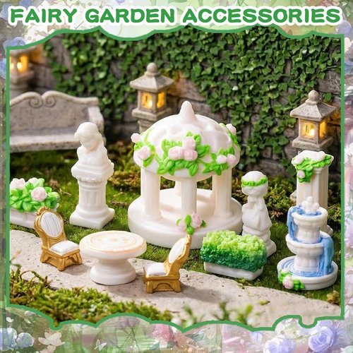 Exasinine Mini Garden Furniture Set - 15 Pcs Micro Resin Patio Ornaments for DIY Fairy Garden Decor