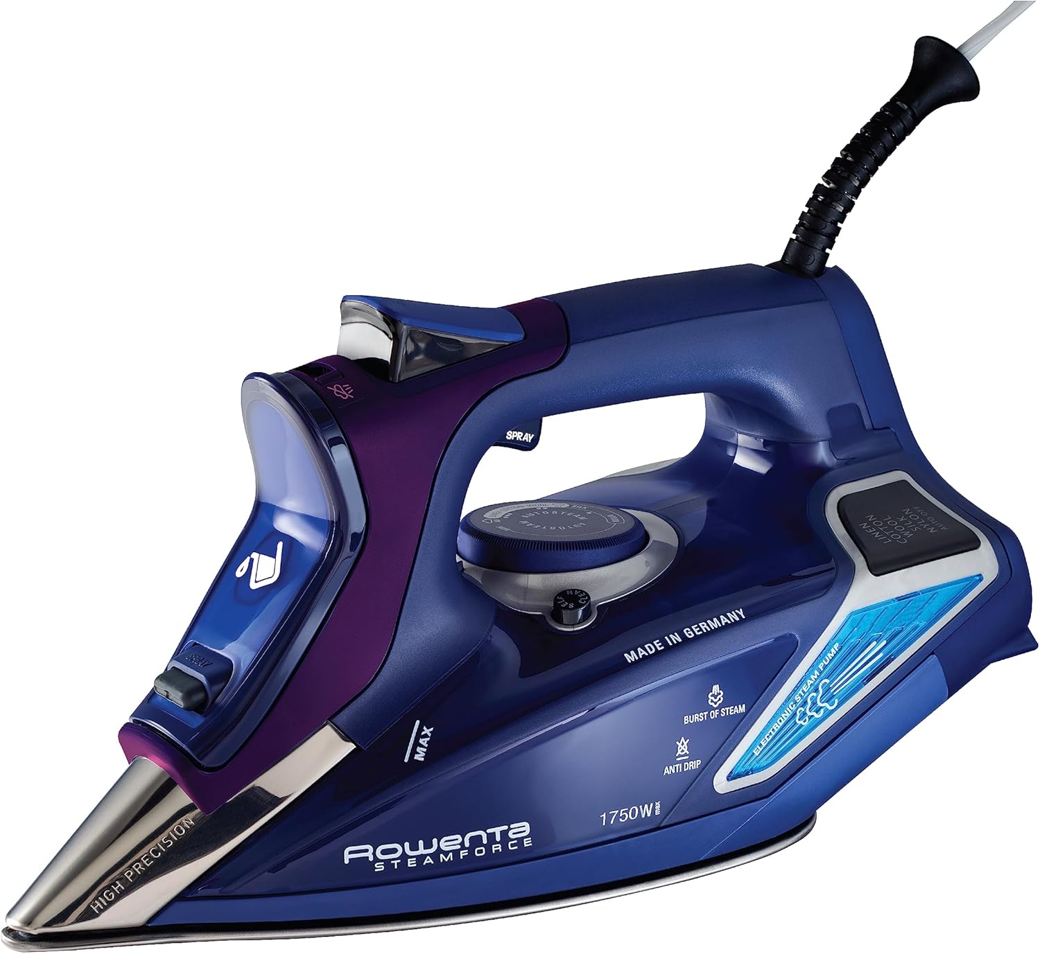 Rowenta Steam Force Iron - 1800 Watts Stainless Steel Soleplate with 400 Microsteam Holes | Precision Tip for All Fabrics