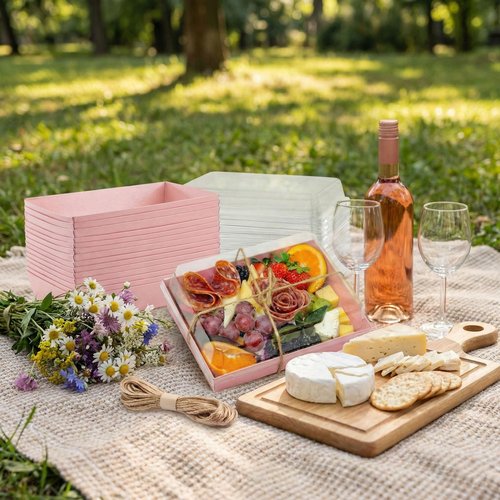 Leafiew 50 Pack 7x5 Inches Charcuterie Boxes with Clear Lids - Individual To Go Paper Charcuterie Board with Lid, Disposable Food Containers for Desserts, Cookie, Food, Charcuterie Accessories,Pink