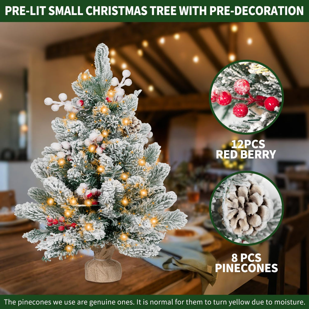 RIDGEPOLE 2FT Pre-lit Mini Christmas Snow Flocked Tree,Tabletop Artificial Christmas Tree with LED Lights, Small Xmas Pine Tree with Cloth Bag Base for Christmas Decor,12 PCS Berry & 8 Pinecones