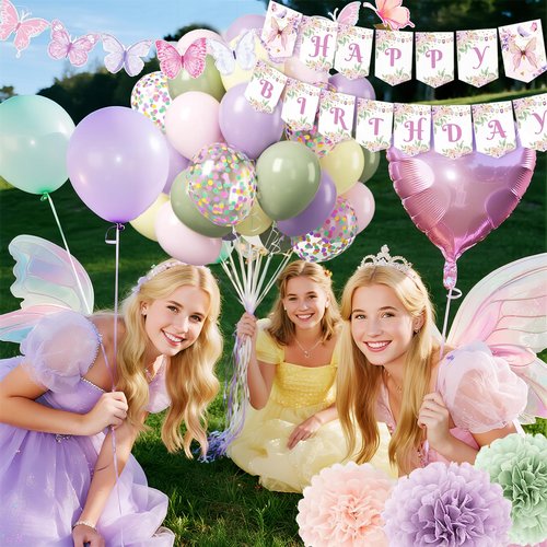 Fairy Birthday Party Decorations Set, Fairy Themed Party Decorations, Green Purple Pink Yellow Balloons Butterfly Banner for Birthday Decorations Spring Tea Party