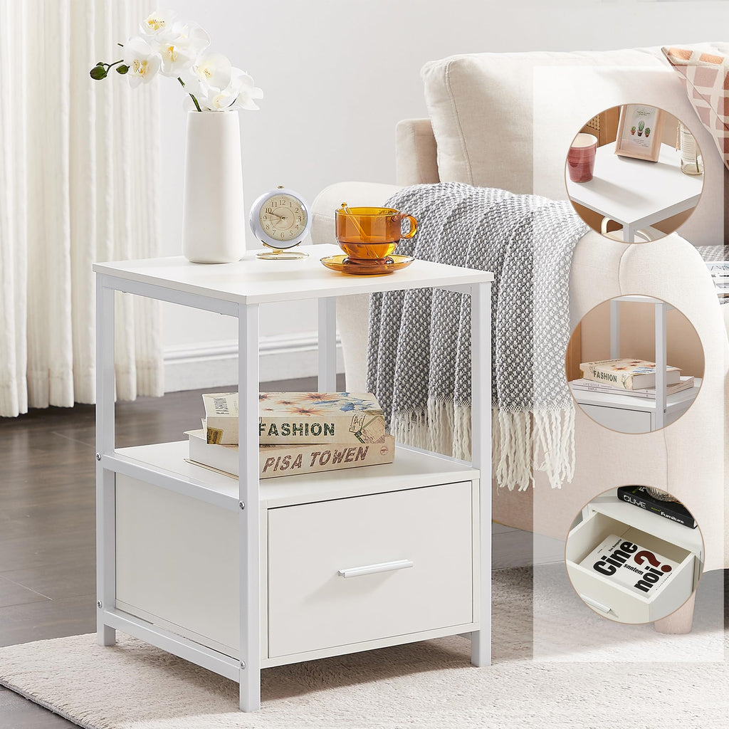 VECELO Nightstand Set of 2 with Wooden Storage Drawer Square Modern Bedside End Tables for Bedroom Living Room, Open Shelf, Industrial Metal Frame, Small Space, White