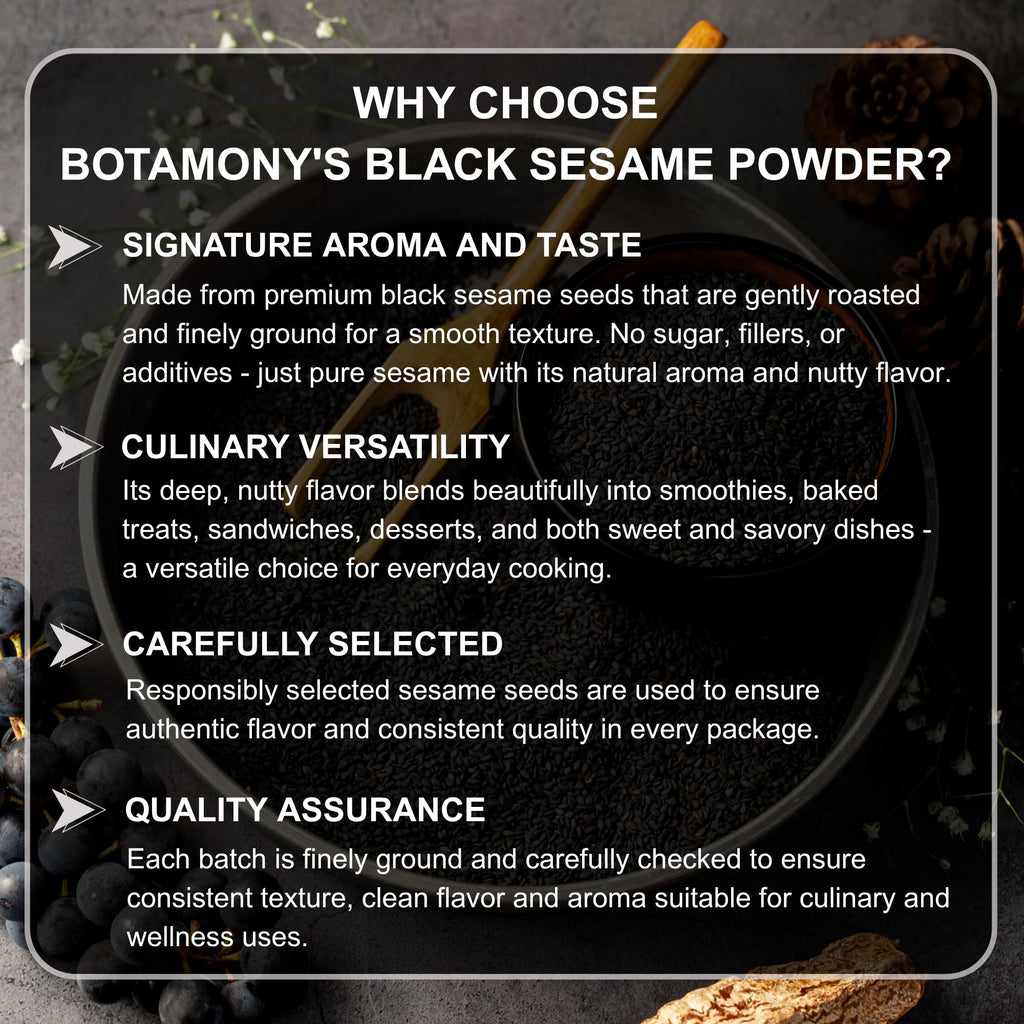 BOTAMONY Black Sesame Powder 12.3oz, Vegan Gluten-Free Non-GMO, Plant Protein & Fiber, Rich Minerals Nutty Flavor, Finely Ground Roasted Seeds for Smoothies Baking Recipes