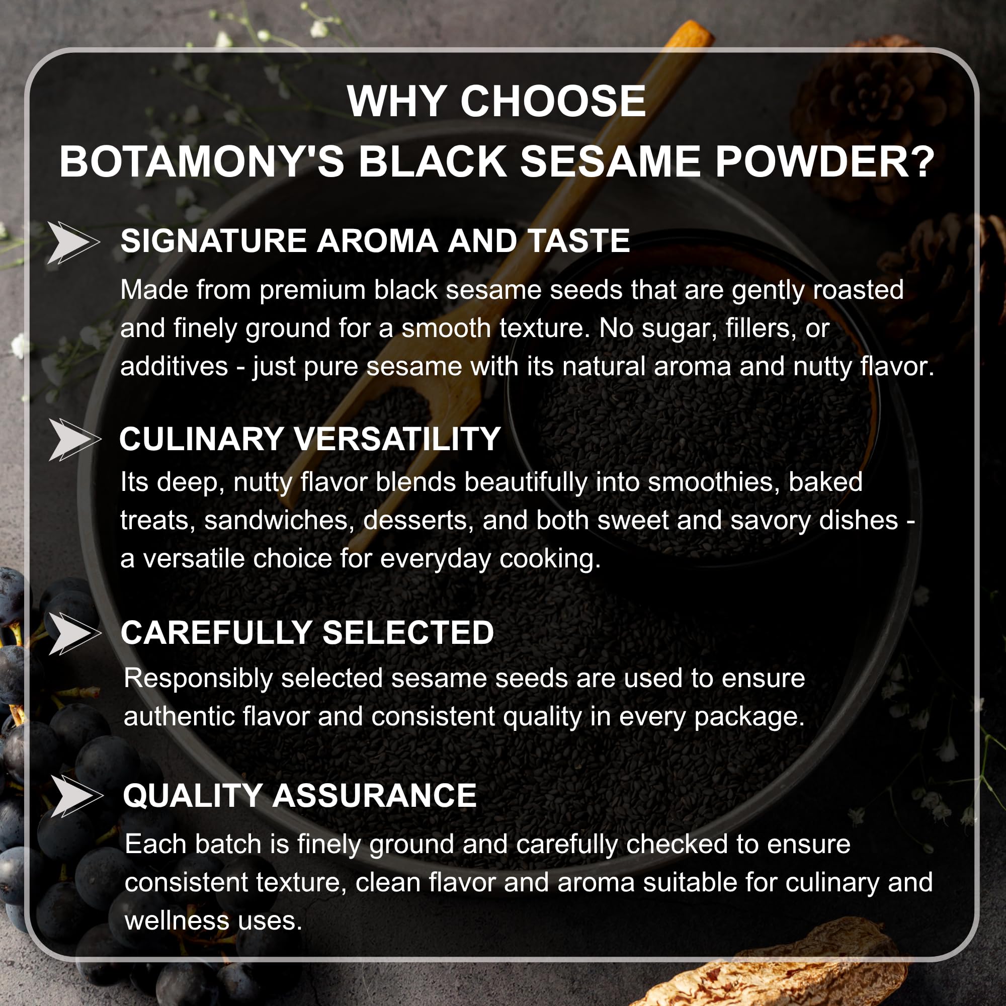 BOTAMONY Black Sesame Powder 12.3oz, Vegan Gluten-Free Non-GMO, Plant Protein & Fiber, Rich Minerals Nutty Flavor, Finely Ground Roasted Seeds for Smoothies Baking Recipes