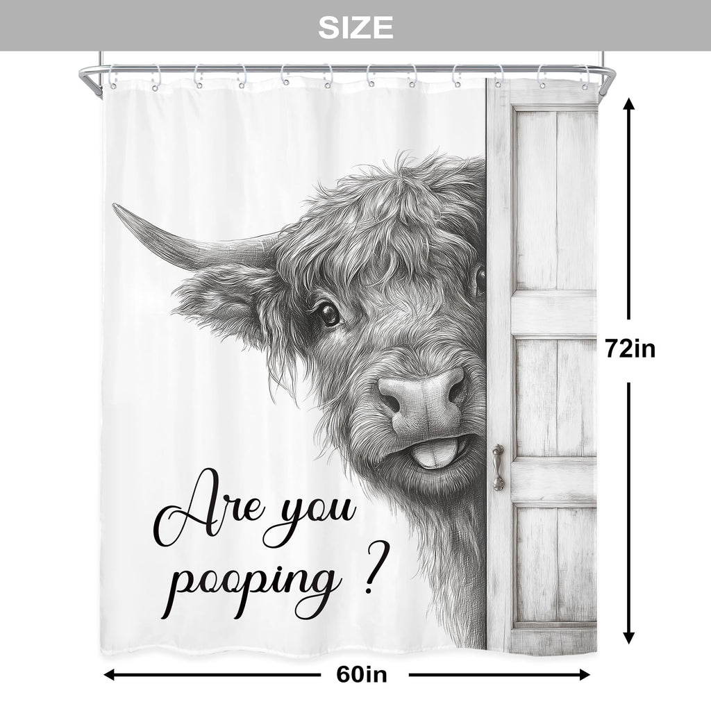Newsely Funny Highland Cow Shower Curtain 60Wx72L Inch Black and White Rustic Farmhouse Wooden Door Bathroom Set Humorous are You Pooping Waterproof Bath Decoration Accessories Home Decor