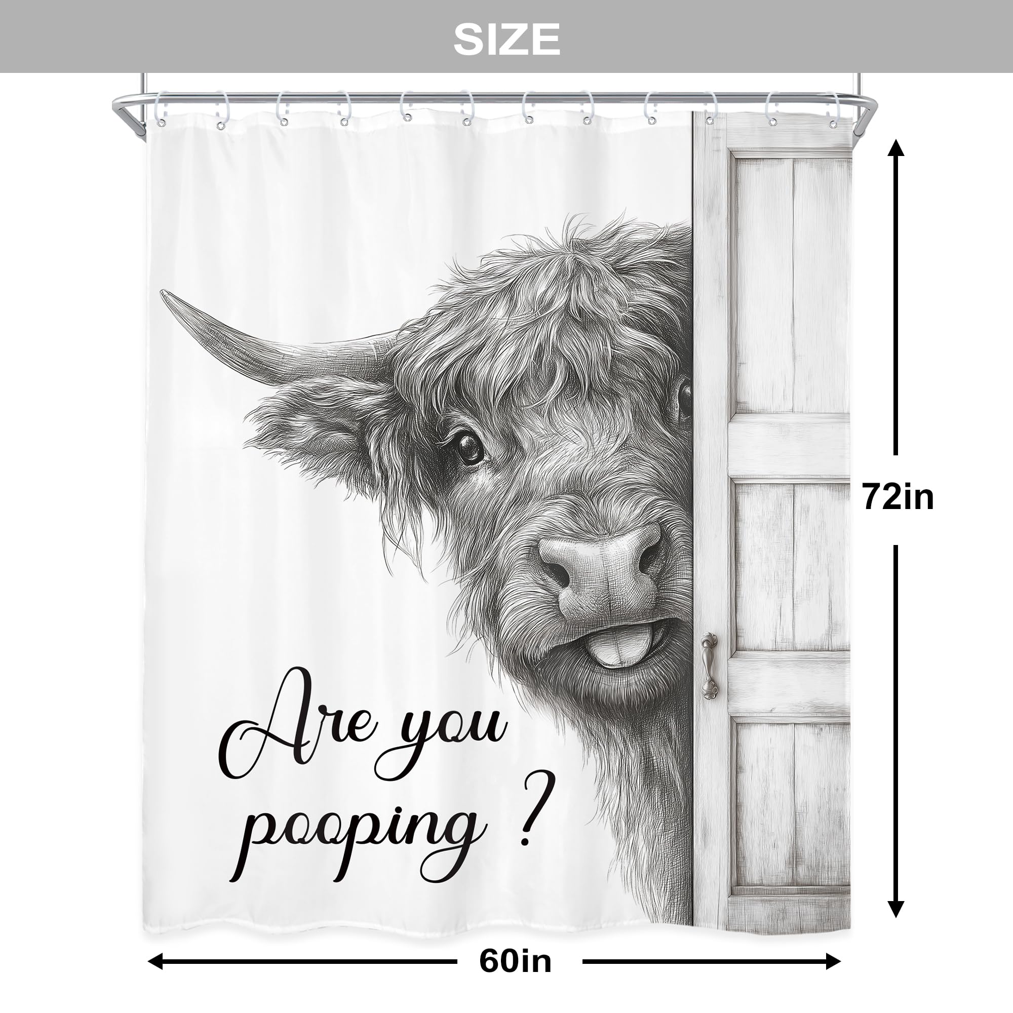 Newsely Funny Highland Cow Shower Curtain 60Wx72L Inch Black and White Rustic Farmhouse Wooden Door Bathroom Set Humorous are You Pooping Waterproof Bath Decoration Accessories Home Decor