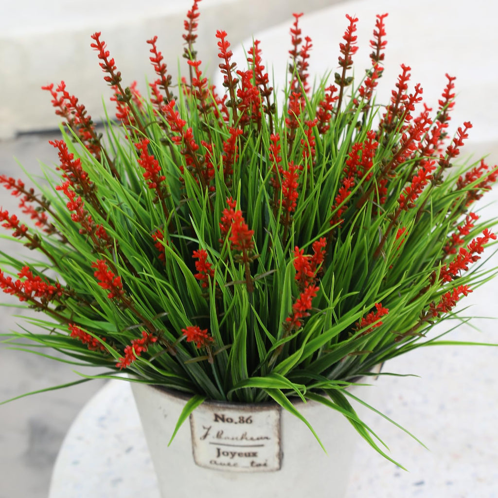 alyptus Artificial Flowers Outdoor 12 Bundles Fake Plants Outside Red Flower Grass Faux Greenery Spring Summer Wildflower Decoration for Outdoors Yard Front Porch Planter Decor (Red Flowers)