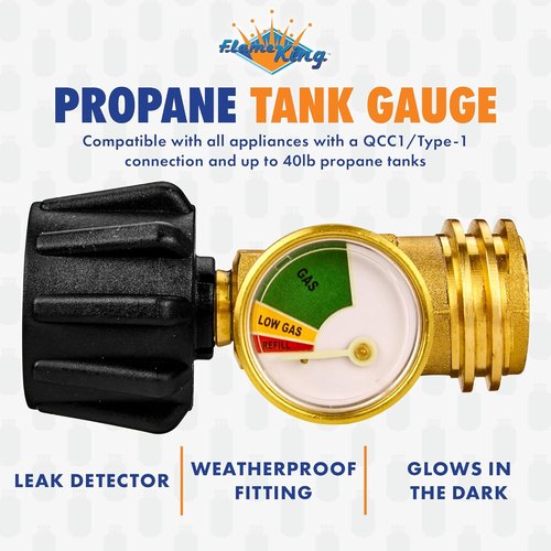 Flame King Propane Tank Gauge - Color-Coded Leak Detector & Pressure Meter | Universal Fit for BBQ, RV, Heater