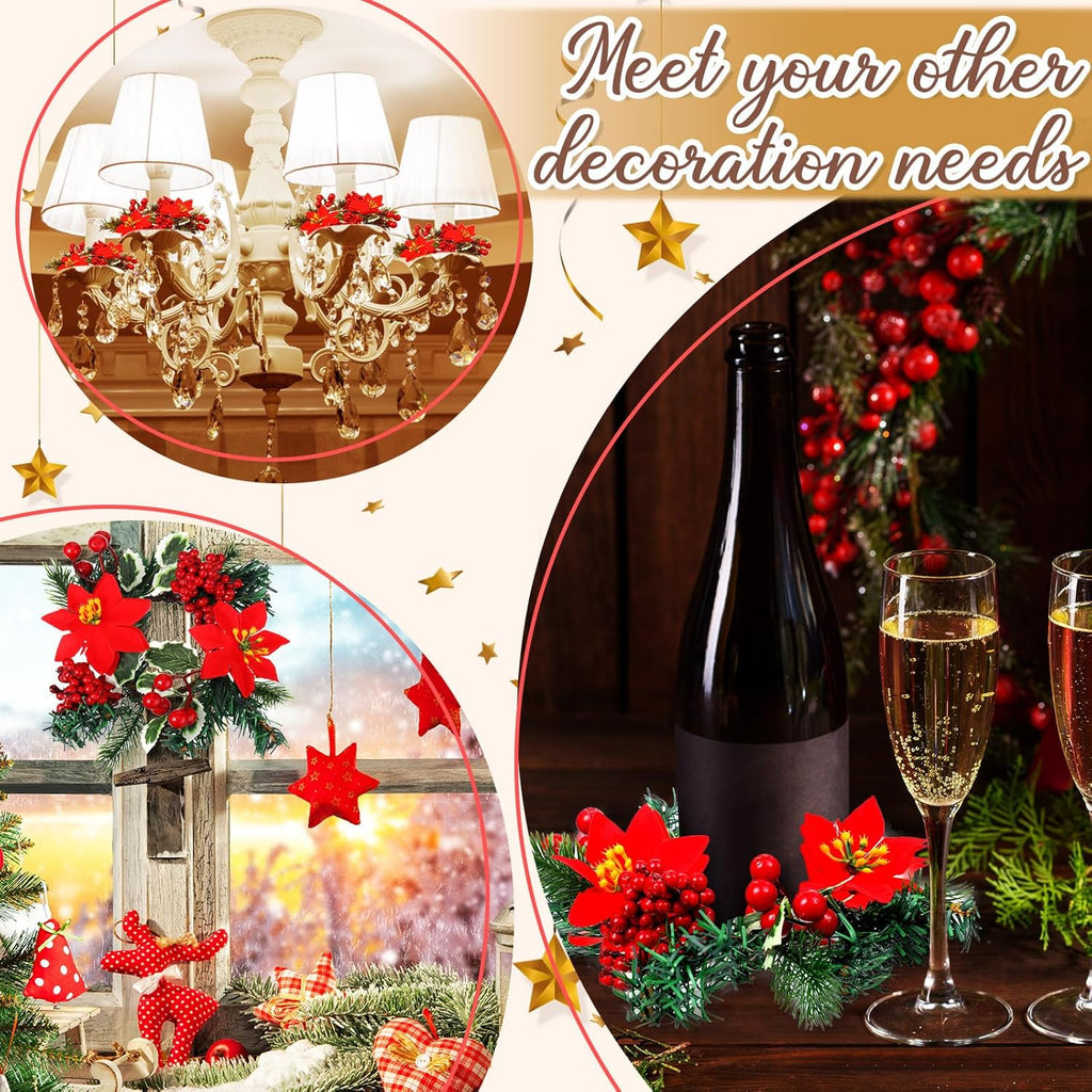 Yilloog Mini Christmas Candle Rings - 8 Sets of Berry & Pinecone Wreaths for Festive Decor | Classic Red Poinsettia