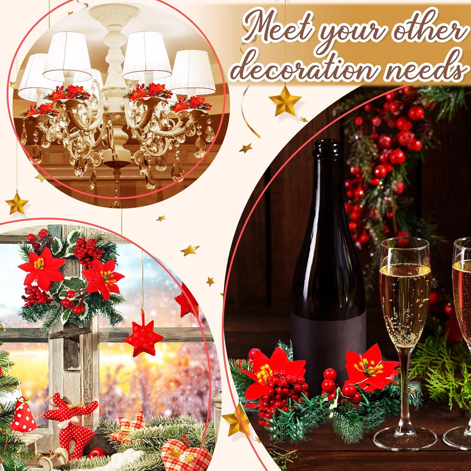 Yilloog Mini Christmas Candle Rings - 8 Sets of Berry & Pinecone Wreaths for Festive Decor | Classic Red Poinsettia