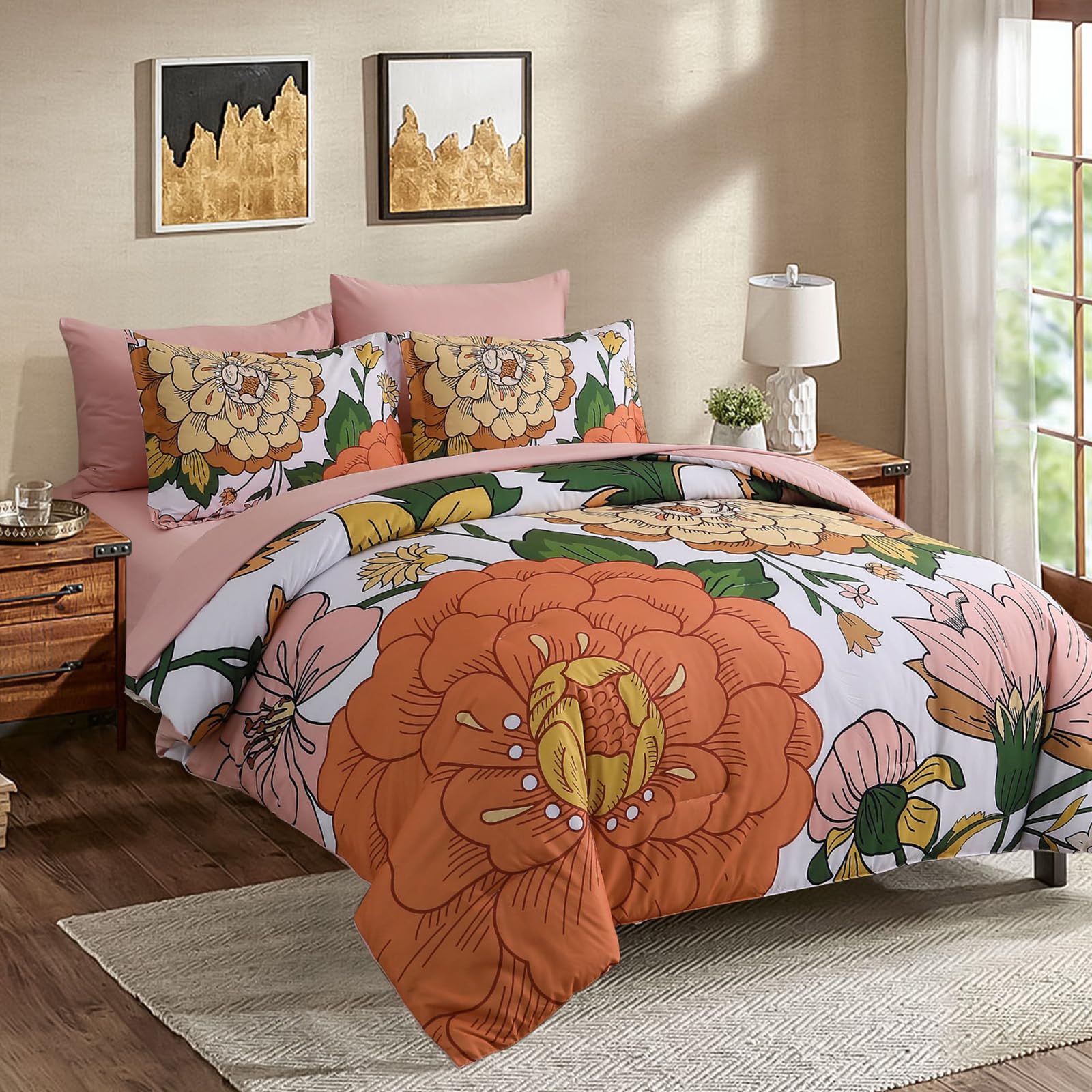 Djoymock Floral Comforter Set, Pink Orange Bedding Set Queen Size 7 Piece Boho Chic Flower Bed in a Bag Revesible Microfiber Winter Down Alternative Bed Set with Pillowcases & Shams,Sheets