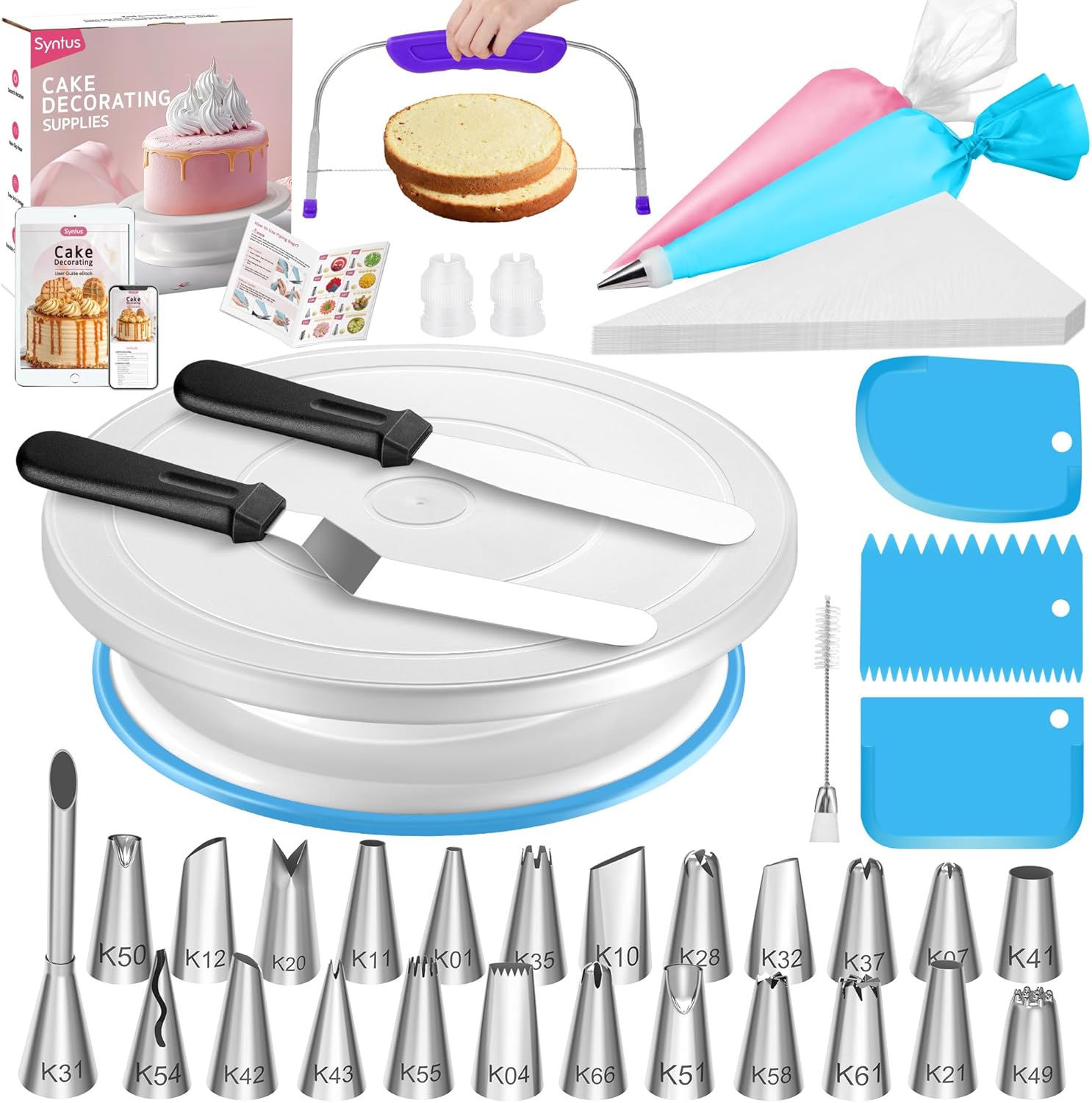 Syntus 65-Piece Cake Decorating Kit - Complete Baking Supplies with Turntable, Piping Bags & Tips