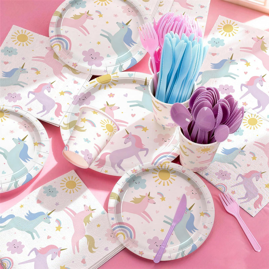 168PCS Unicorn Party Supplies Pastel Rainbow Unicorn Birthday Decorations Kit Sun Cloud Paper Plates Napkin Cups Forks Knives Favors for 24 Guests