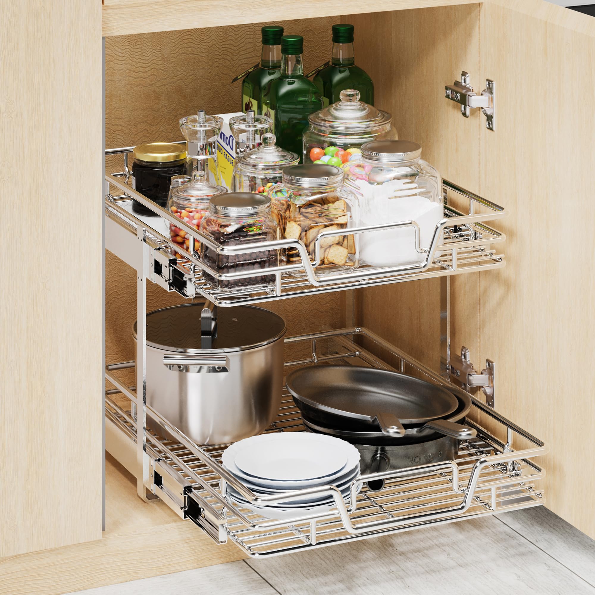 QUYUWU 2-Tier Kitchen Cabinet Pull Out Cabinet Organizer,Shelf and Drawer Organizer Slide Out Pantry Storaqe Basket in Multiple Sizes (17" W x 21" D)