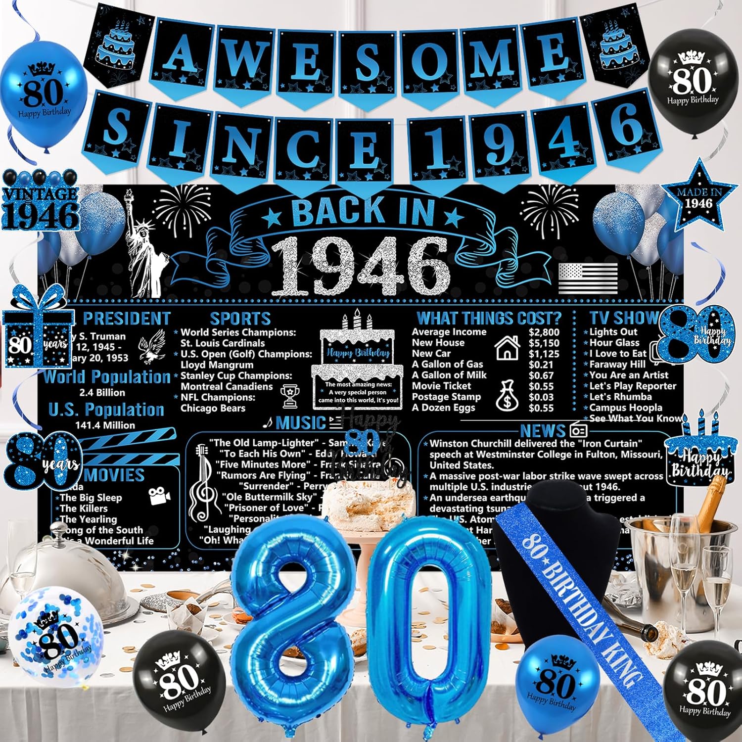 Trgowaul 80th Birthday Decorations - 20PCS Black & Blue Party Supplies Set | Banner, Sash, Cake Topper & Balloons