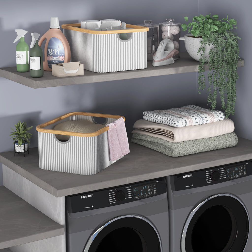 ClosetMaid Laundry Hamper Storage Baskets, Bamboo Frame, Portable, Collapsible Design, Freestanding, Stripe (2-Pack)
