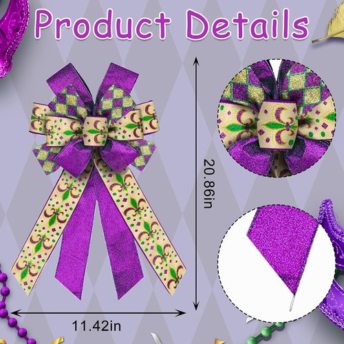 ALIBBON Large Mardi Gras Bows - Flaxen Fleur de Lis & Glitter Purple for Wreaths | Festive Carnival Decor