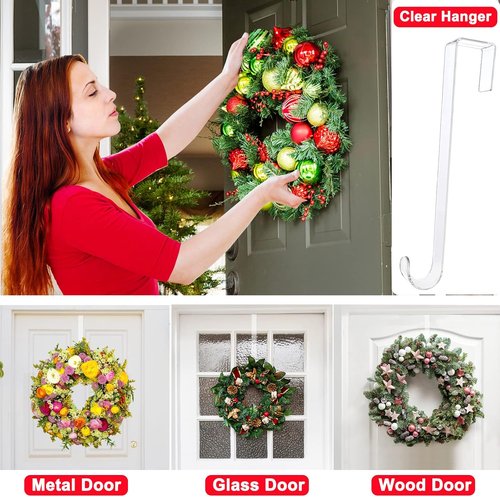 Clear Wreath Hanger Hooks - 15-Inch Non-Scratch Over The Door Hooks | 2 Pack for Fall & Christmas Decor