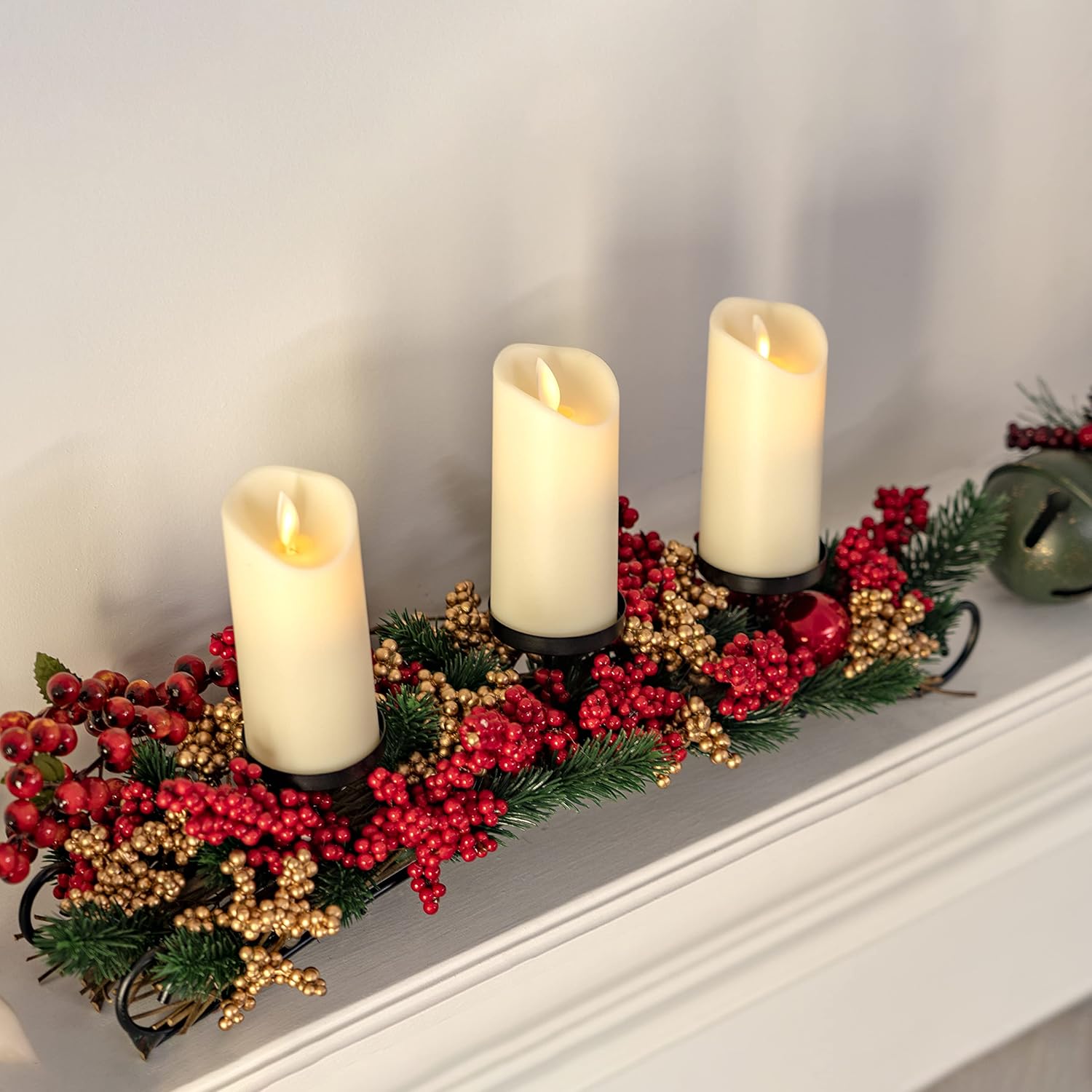 Ornativity Christmas Décor Candle Holder - Festive Table Centerpiece with Red & Gold Berries, Twigs, Evergreens