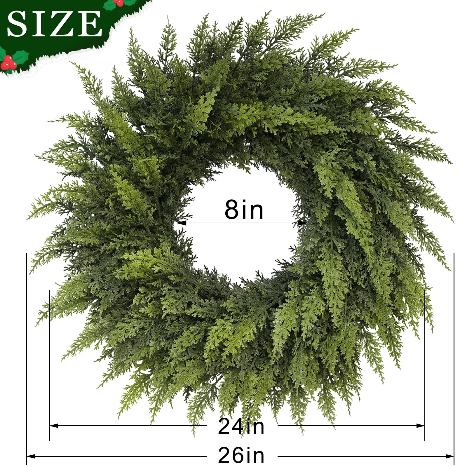 24" Soft Textured Christmas Cedar Wreath - Artificial Cedar Wreaths Faux Green Fake Pine Needles Wreath for Front Door, Wall, Windows, Home,Outdoor,Xmas Decor