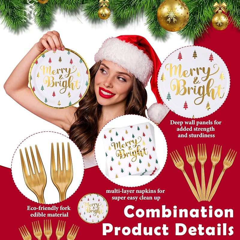 Christmas Paper Plates & Napkins Set, 96 Pcs Party Supplies with Forks