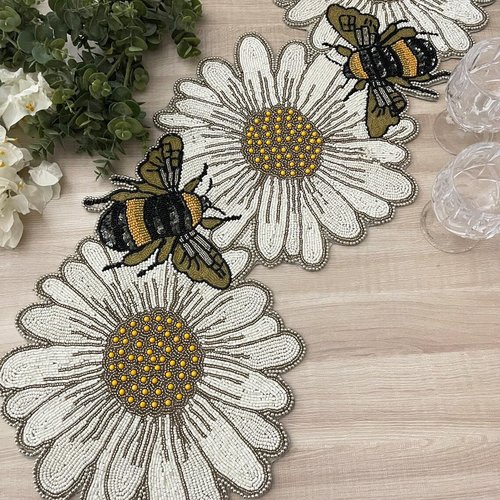 Handmade Beaded Table Runner - Bee on Flower Design, Vibrant Spring-Themed Beaded Runner, 13x36 Inches