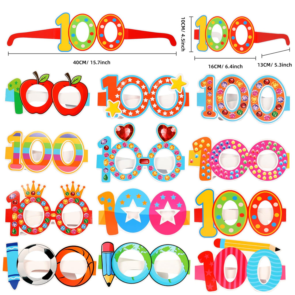 YVAINE 24 Pcs 100 Days of School Party Glasses,Funny Happy 100th Day of School Paper Novelty Glasses Photo Booth Props Frames,100 Days Smarter Costume Supplies Hooray 100 Days Party Eyeglasses