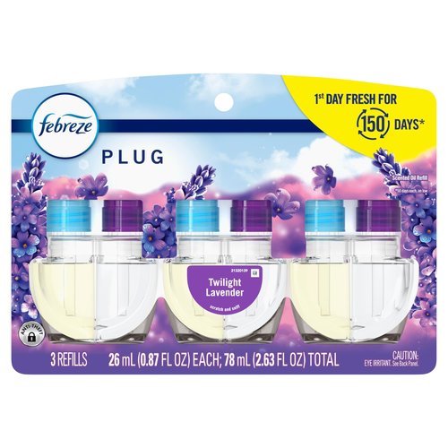 Febreze Plug In Air Freshener, Odor-Fighting Scented Oil Refill, Air Fresheners for Home and Bathroom and Kitchen, Long Lasting for Strong Odors, Twilight Lavender Scent, 0.87oz Refills, 3 Count