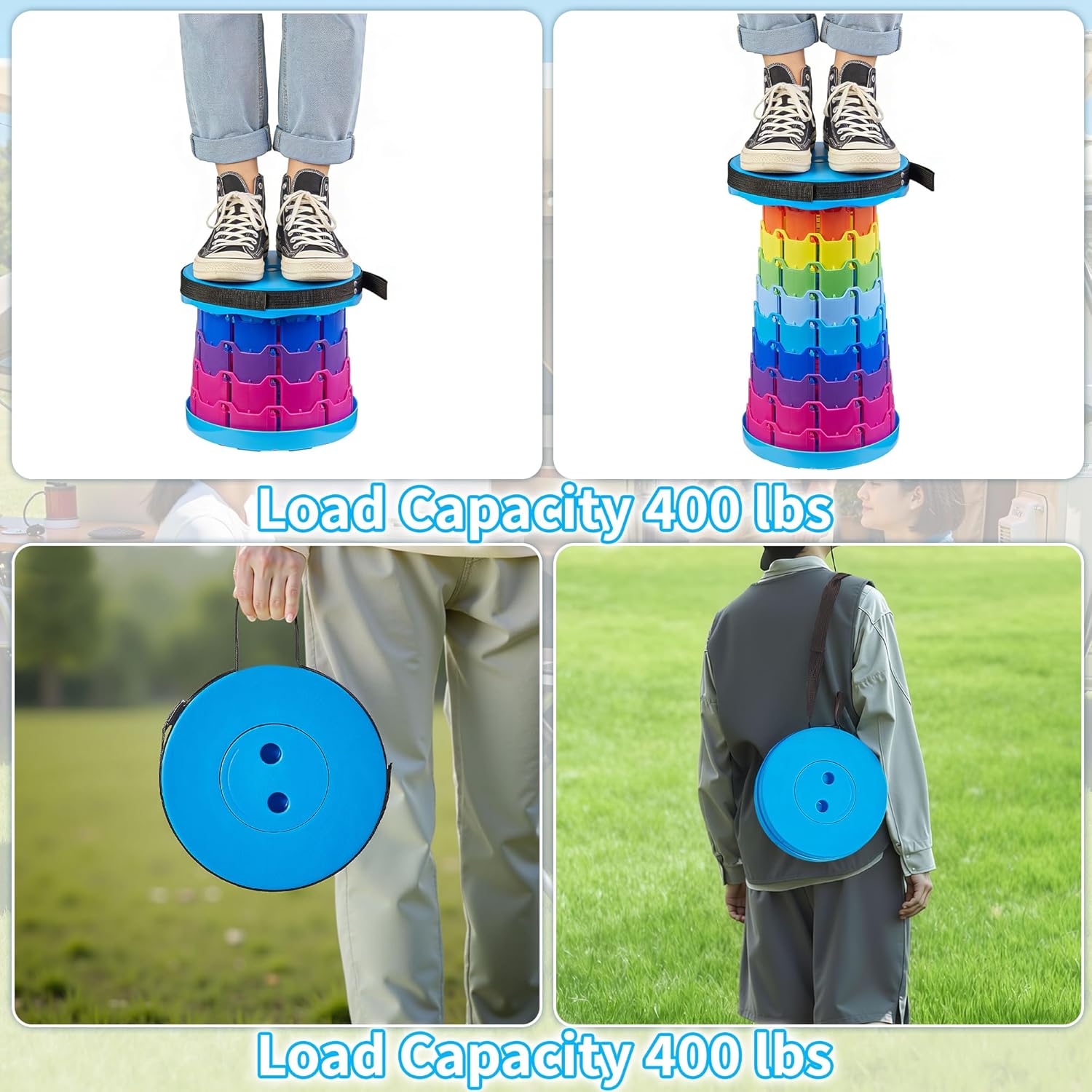 VECELO Telescoping Folding Stool - Portable Collapsible Design | 400lbs Capacity, Rainbow Blue