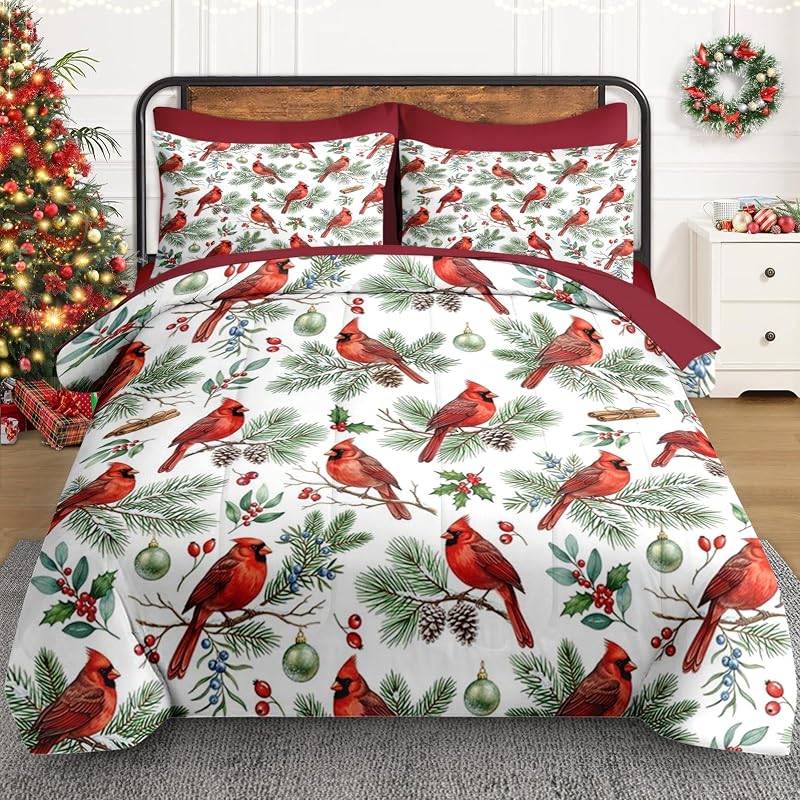 Queen Christmas Comforter Set with Sheets - 7 Pieces, Cardinal Variation