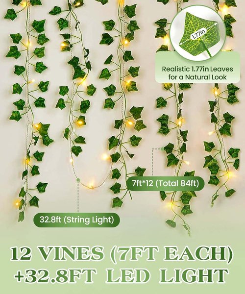 KASZOO Artificial Ivy Garland - 84Ft 12 Pack with 80 LED String Lights | Perfect for Home, Garden & Wedding Decor