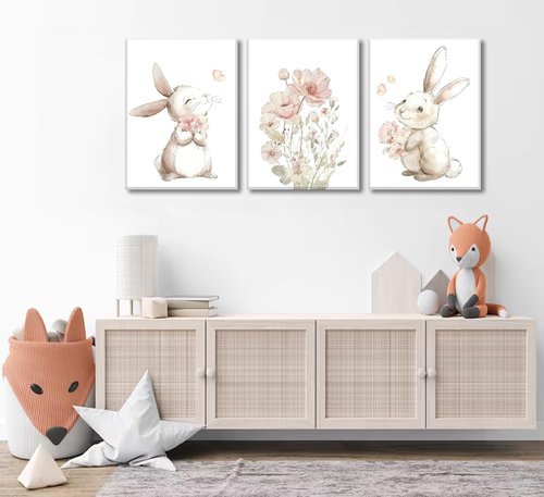 Grengel Pink Bunny Canvas Wall Art - Cute Rabbit with Wildflowers | Botanical Decor for Nursery