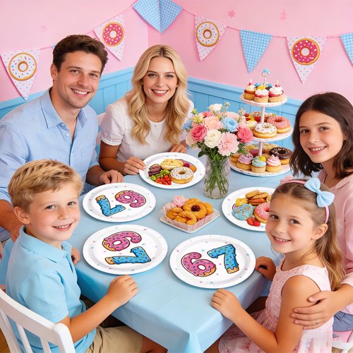 Greencian 50Pcs Donut 6 7 Birthday Paper Plates 9 Inch Disposable I was 6 Now I'm 7 Plates Sweet Donut Six Seven Theme Tableware Sets for Kids Boys Girls 6-7 Year Old Birthday Party Supplies Decor