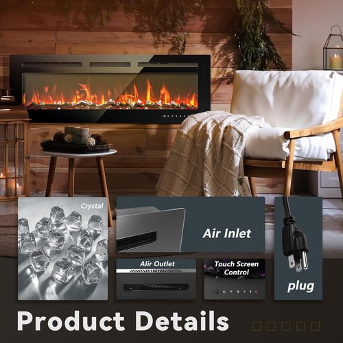 EUHOMY 50-Inch Electric Fireplace - Wall Recessed & Mounted | Adjustable Flame Color, Remote Control, Timer
