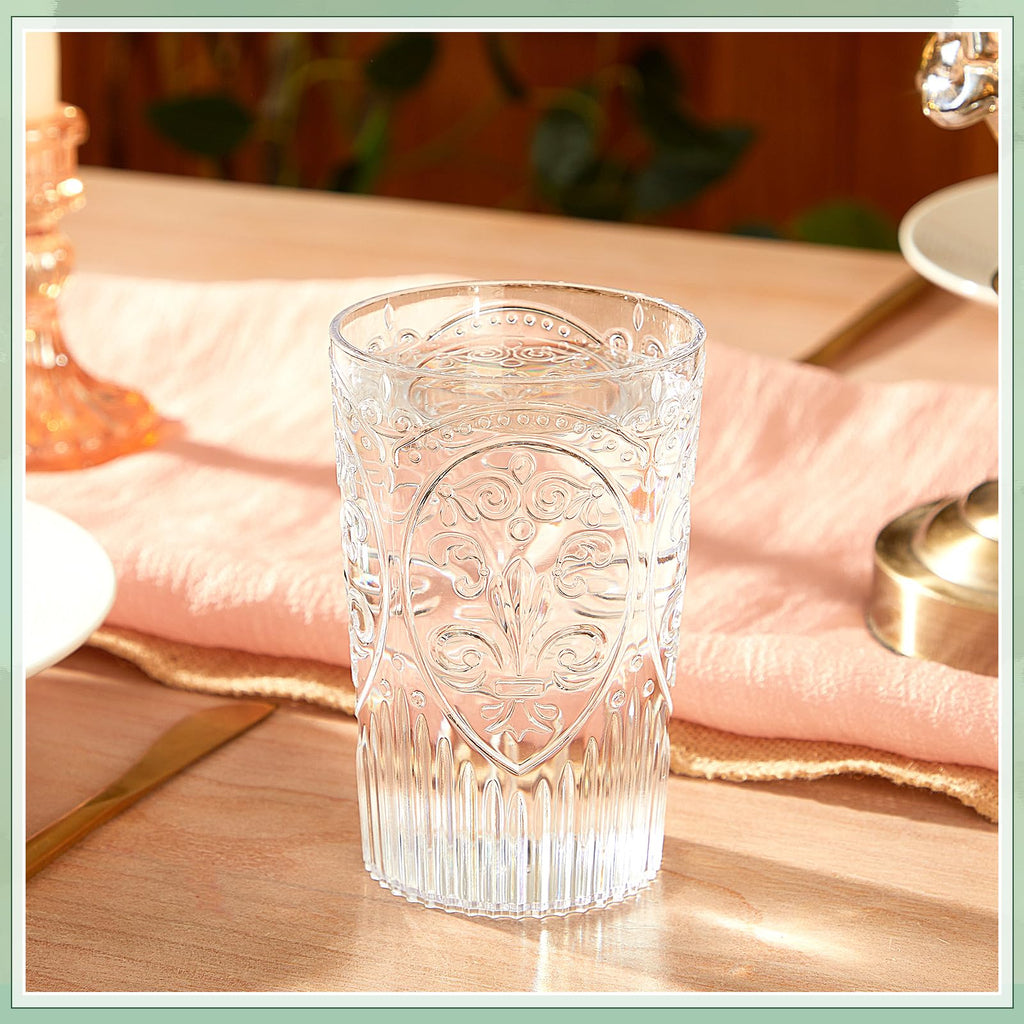 Acellegic Plastic Vintage Drinking Glasses - 16 oz Stemless Ribbed Highball Glasses Bulk Embossed Reusable Cups for Water Beer Cocktails Juice Wedding Bridal Shower Birthday Event Party(Clear,24 Pcs)